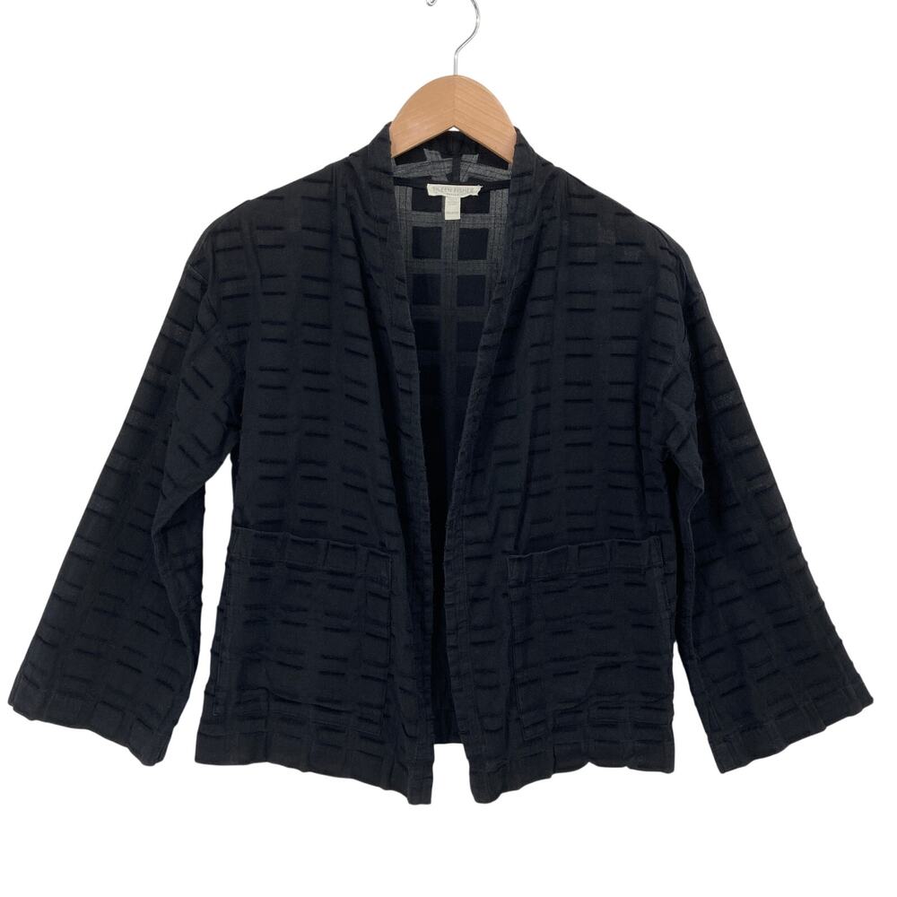 Eileen Fisher Womens PP Petite Black Organic Cotton Burnout Open Jacket Pockets